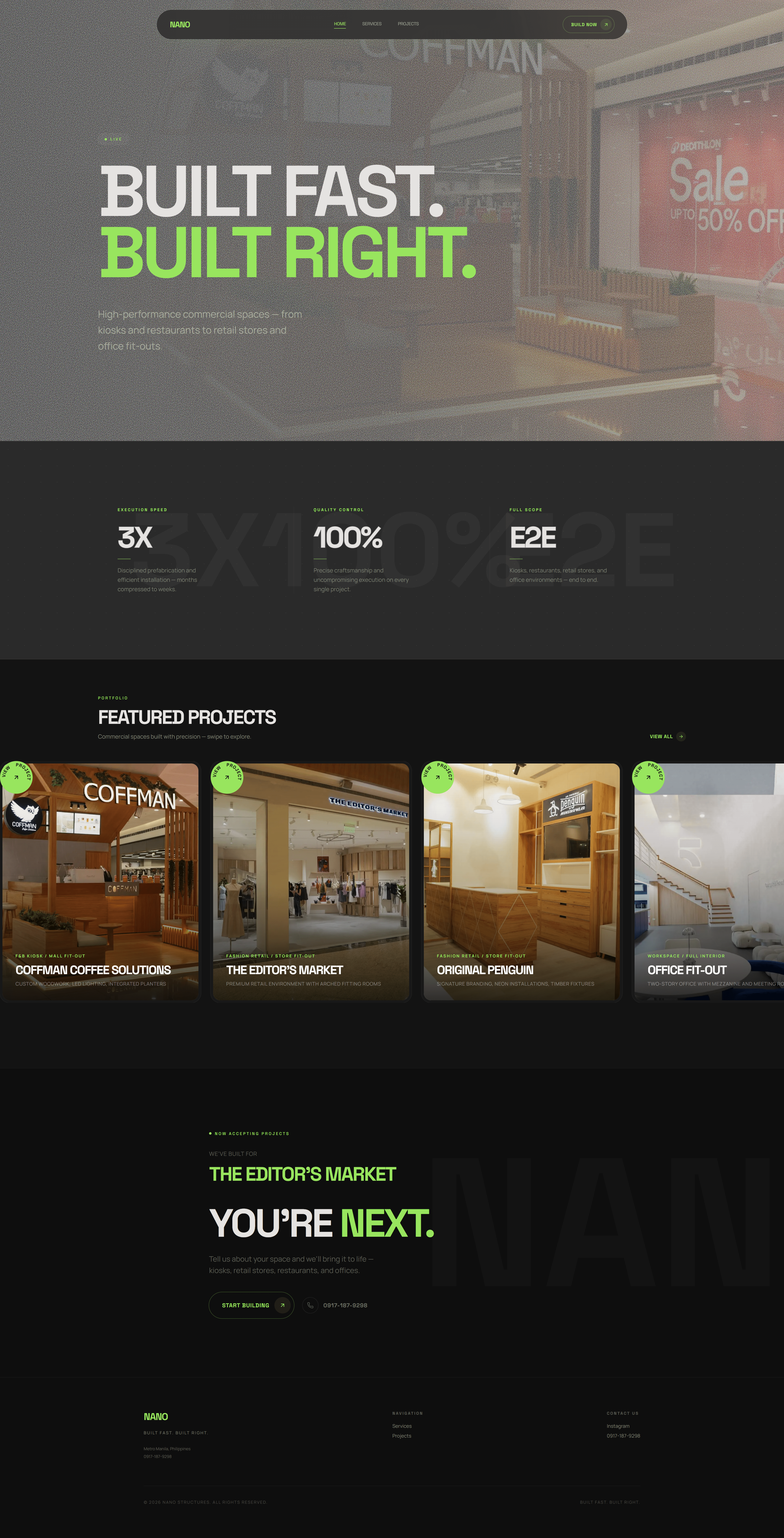 Full-page preview of the NANO Structures website — Construction design by StackHaus